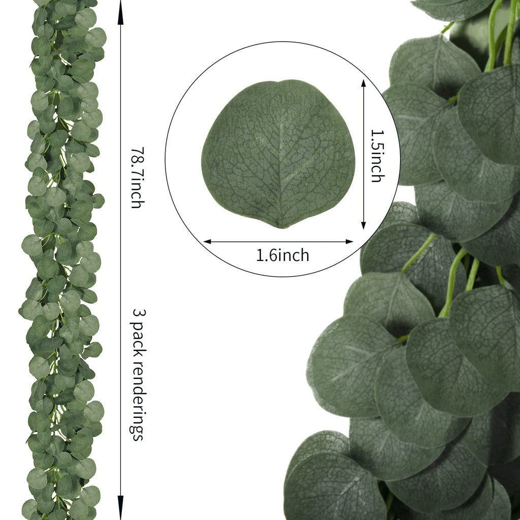Artificial eucalyptus garland with detailed leaf texture and dimensions shown