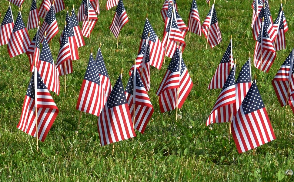 A field of small American flags planted in green grass, viewed from a low angle.