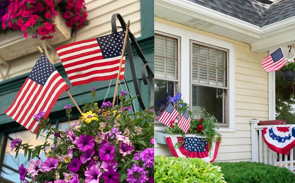 Two split images showing American flags displayed with patriotic decorations and flowers on a house exterior.