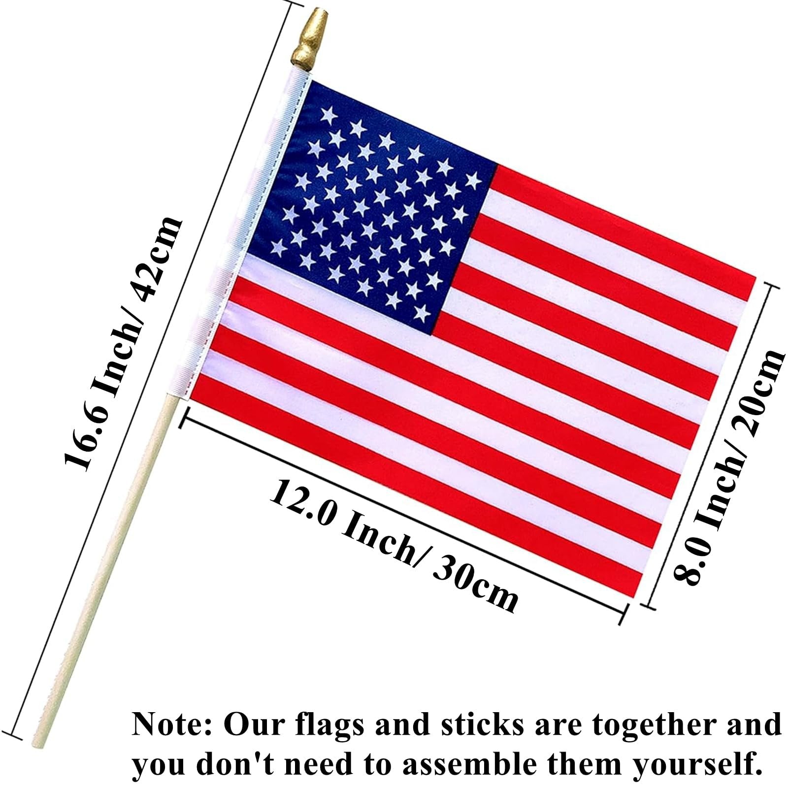 American flag on a wooden pole with gold spear top, showing dimensions