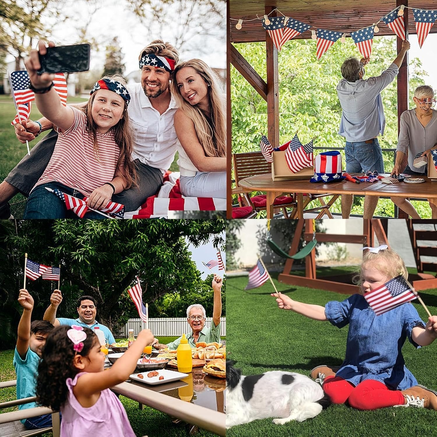 Collage of people celebrating patriotic holidays with US flags and decorations.
