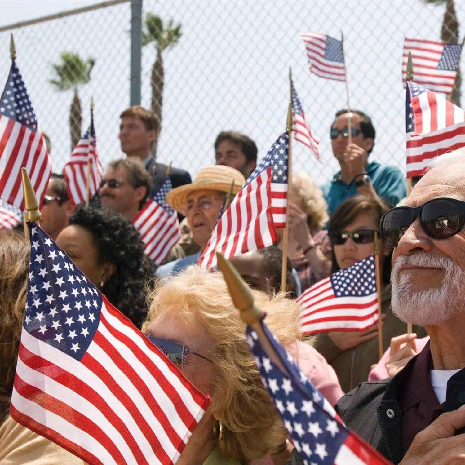 Crowd of people holding small American flags at an outdoor event, some flags in foreground.