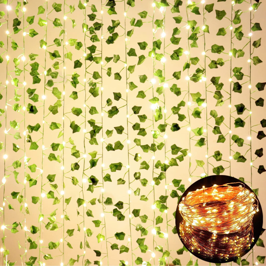 Artificial ivy vine garland with 100 LED string lights draped vertically, with a circular inset showing a coil of the lights.