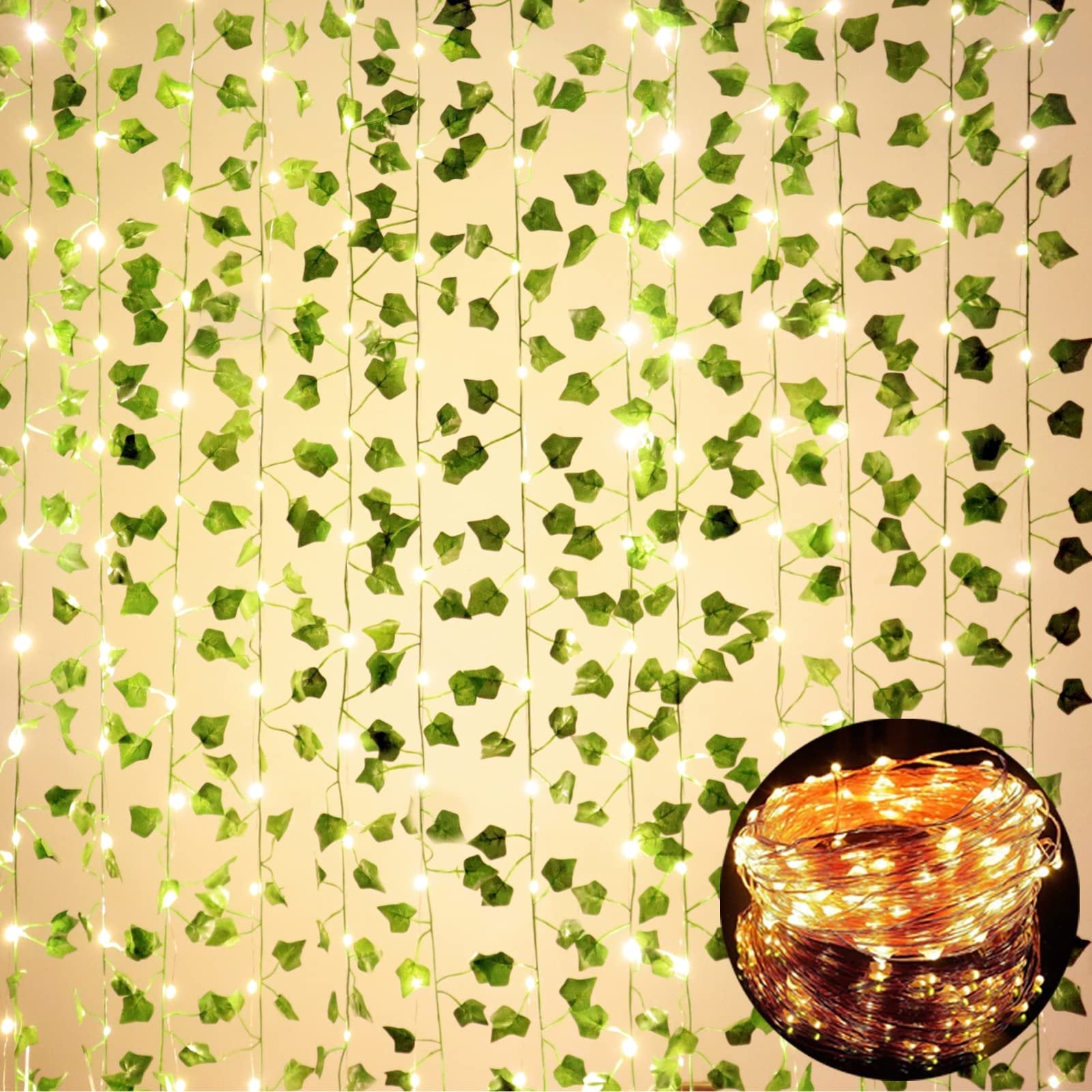 Artificial ivy vine garland with 100 LED string lights draped vertically, with a circular inset showing a coil of the lights.