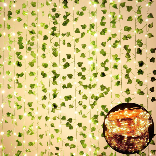 Artificial ivy vine garland with 100 LED string lights draped vertically, with a circular inset showing a coil of the lights.