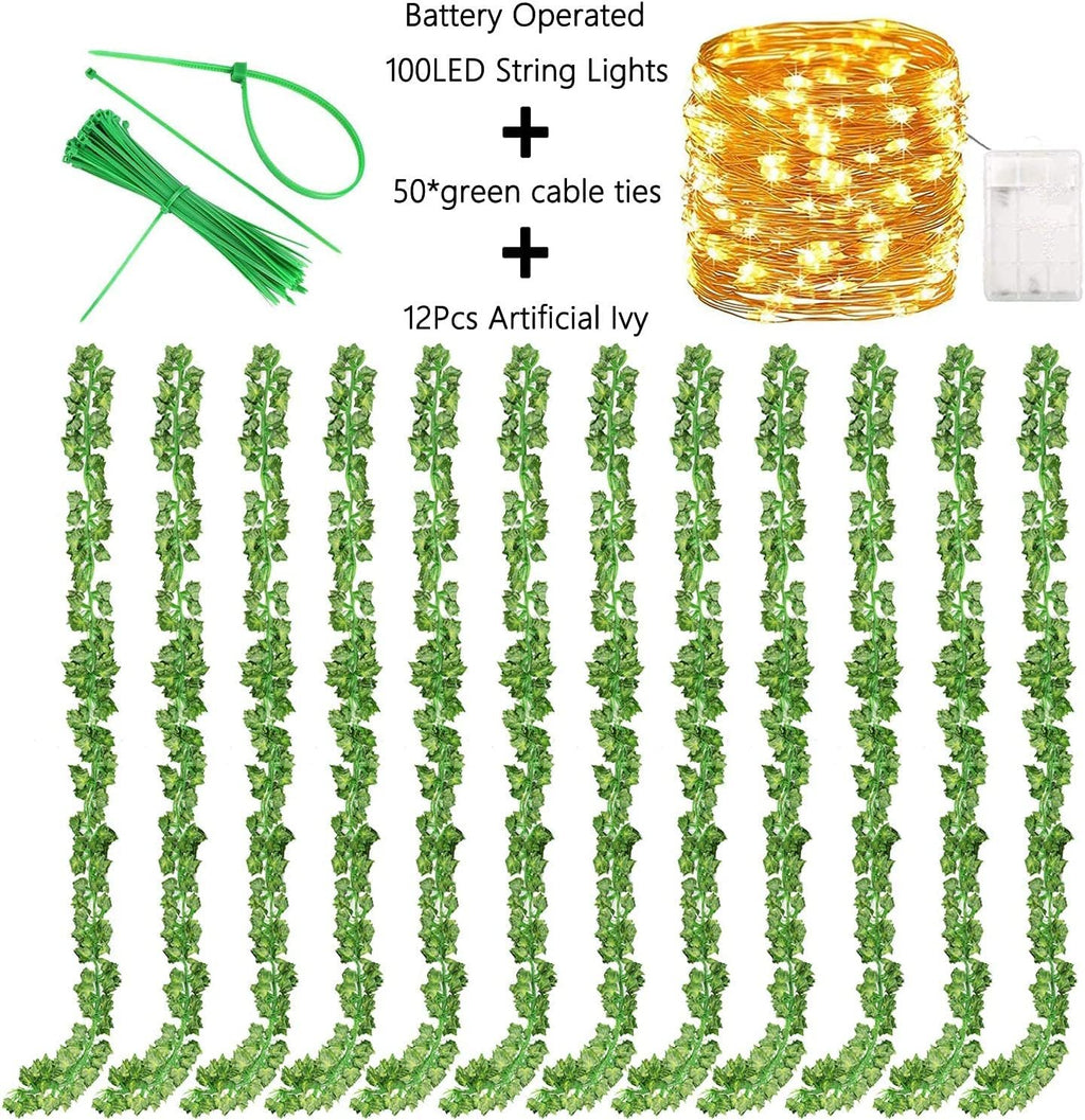 Artificial ivy garlands, LED string lights, and green cable ties arranged on a white background.