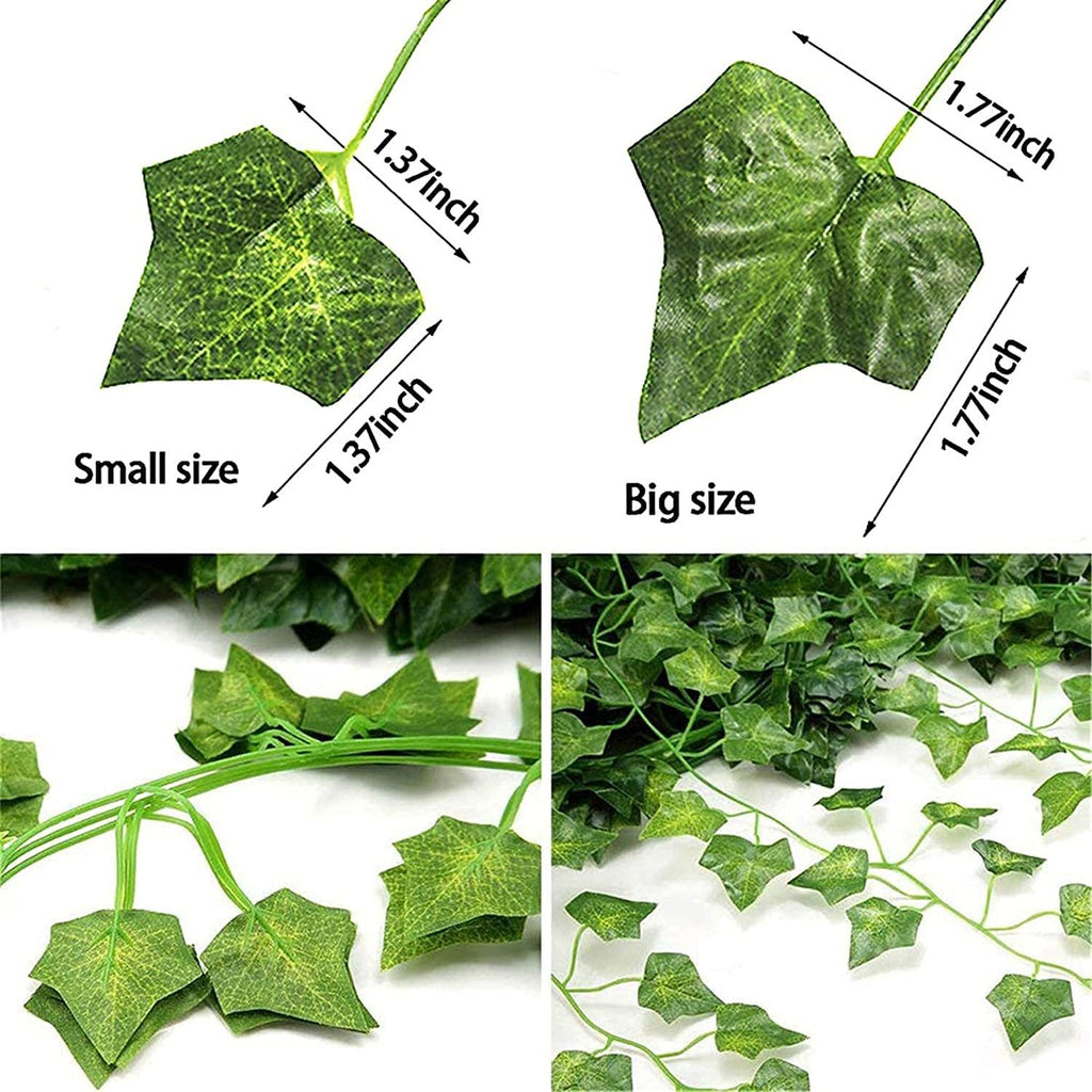 Artificial ivy vine garland showing small and big leaf sizes with dimensions, and close-ups of the vines and leaves.