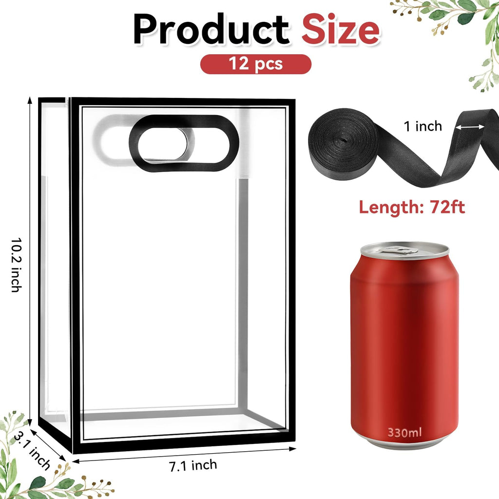 Clear plastic gift bag with handles shown with dimensions and a soda can for scale, plus a roll of black ribbon.