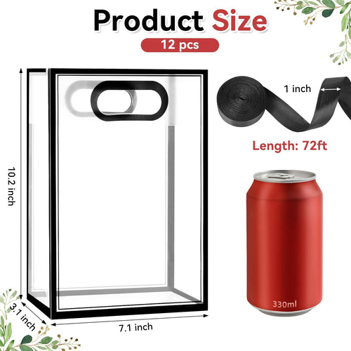 Clear plastic gift bag with handles shown with dimensions and a soda can for scale, plus a roll of black ribbon.