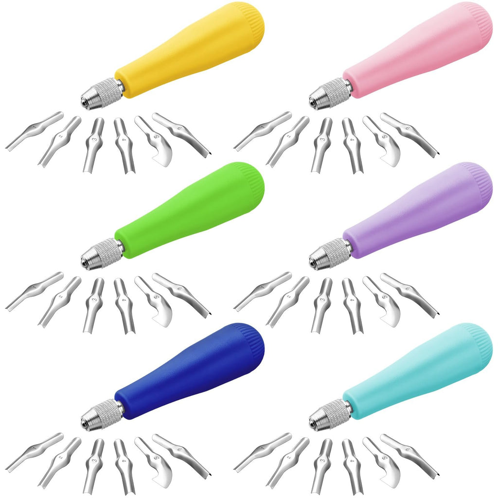 Six assorted color craft linoleum cutter kits with interchangeable blades on a white background
