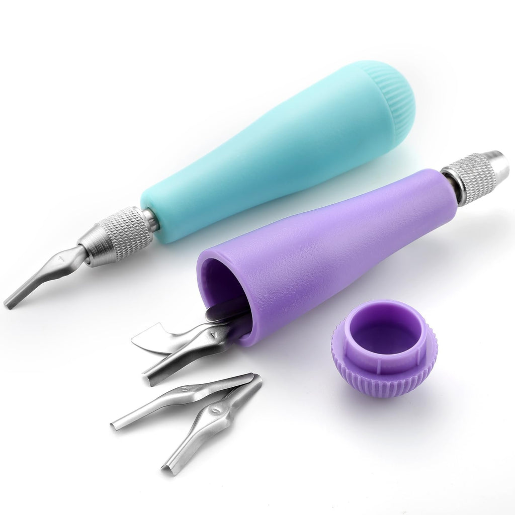 Two linoleum cutter handles with assorted V and U shape blades on a white background