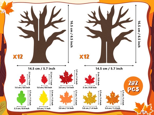 Fall tree craft kit with 12 brown tree bases and 282 glitter maple leaf stickers in various colors and sizes, with dimensions shown.