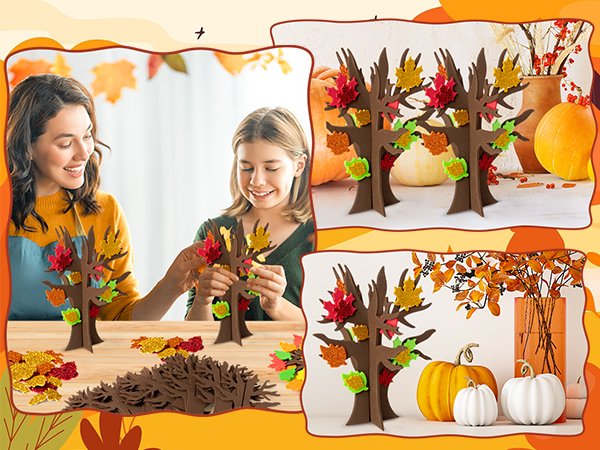 Mother and daughter crafting fall trees with glitter maple leaf stickers, displayed with pumpkins and autumn decor.