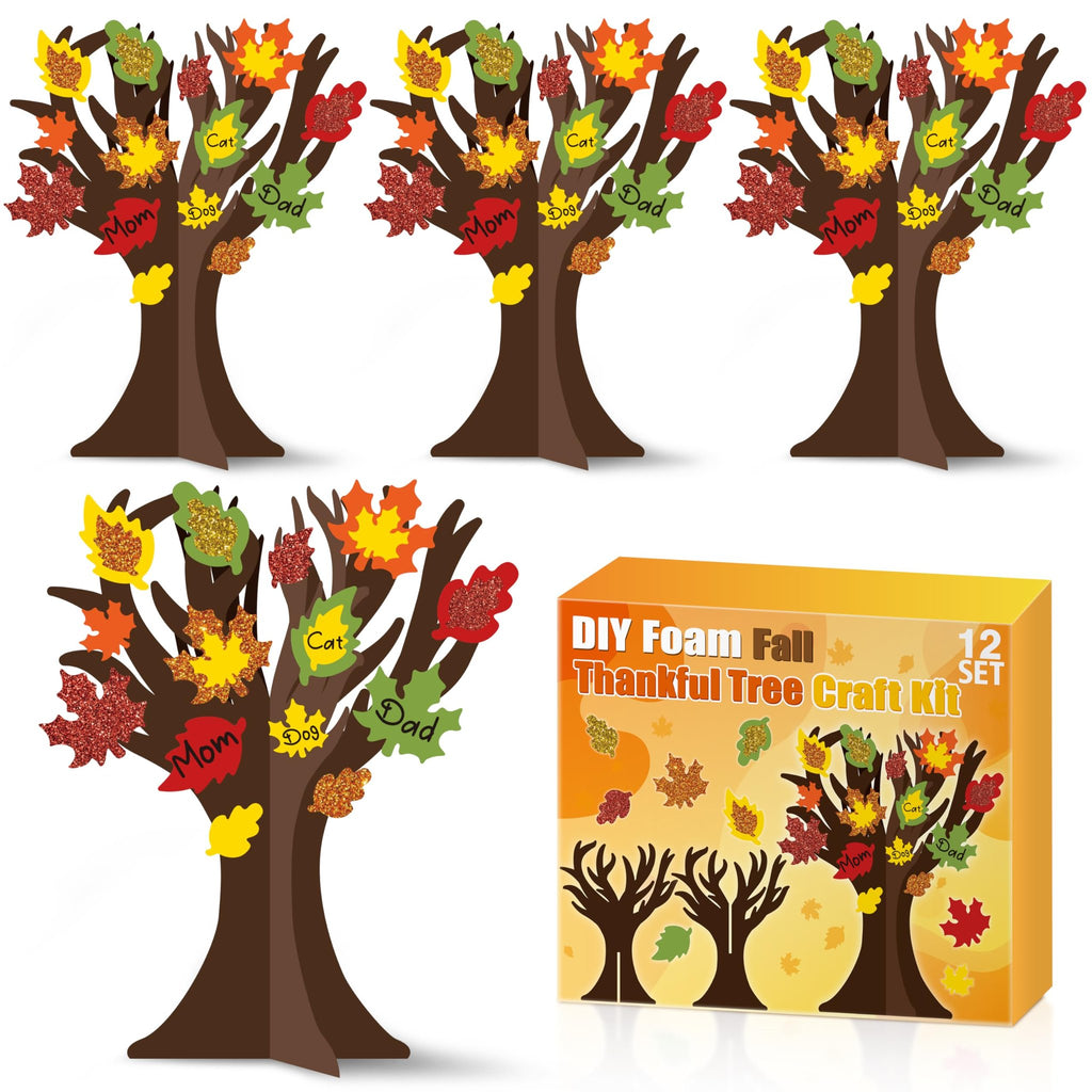Twelve foam thankful tree craft kits with glitter maple leaf stickers and box packaging.