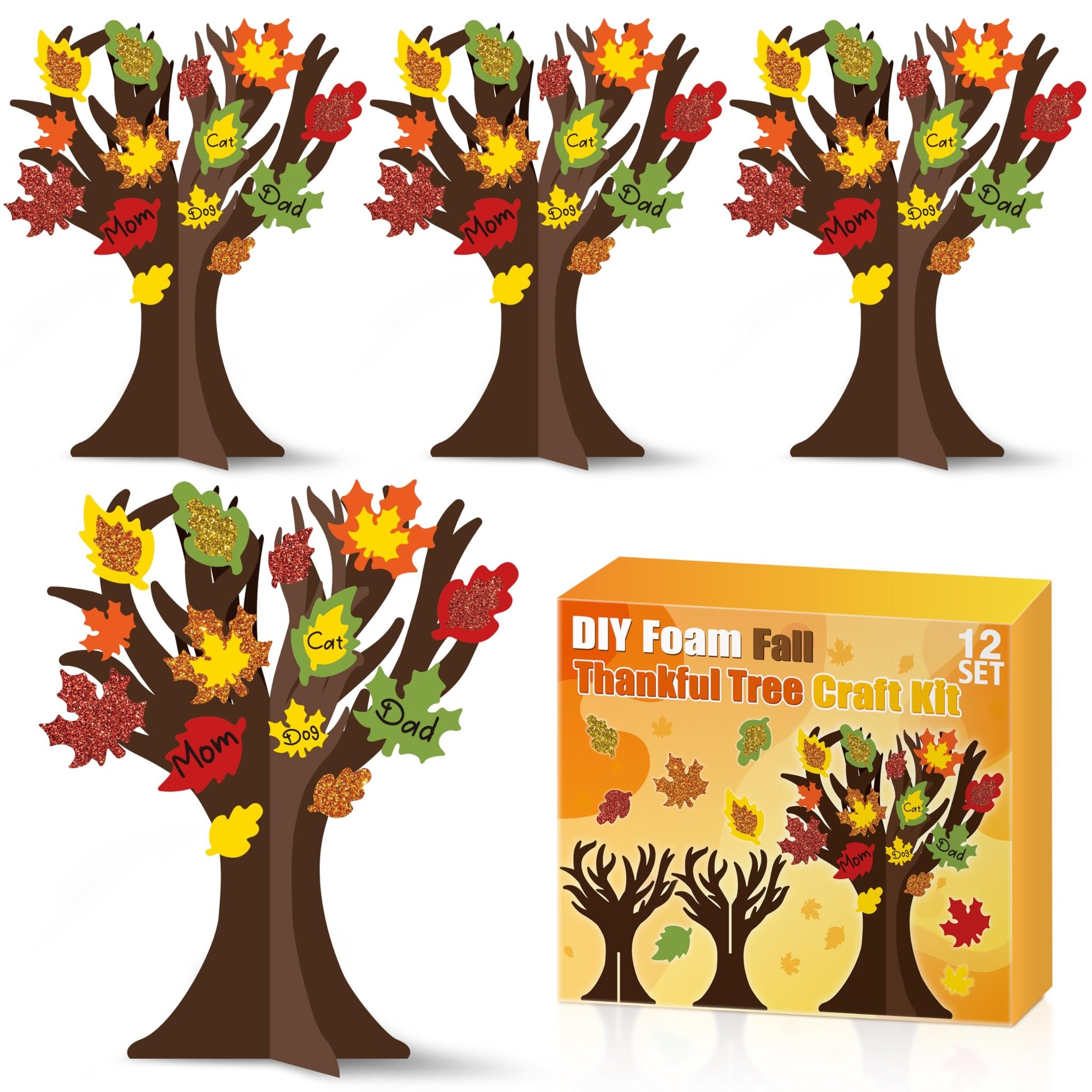 Twelve foam thankful tree craft kits with glitter maple leaf stickers and box packaging.