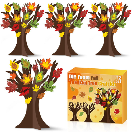 Twelve foam thankful tree craft kits with glitter maple leaf stickers and box packaging.