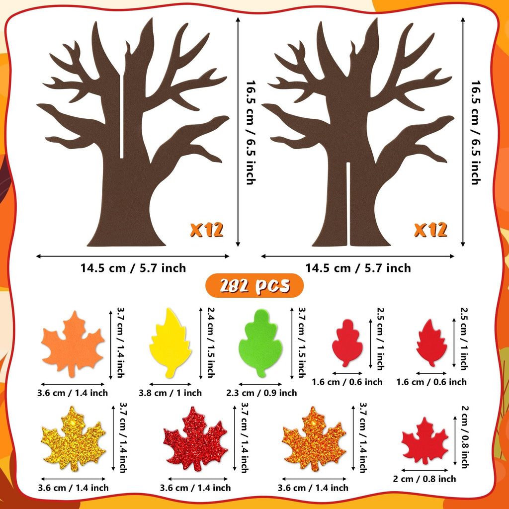 Fall foam tree craft kit with glitter maple leaf stickers, showing two tree bases and various leaf shapes with dimensions.