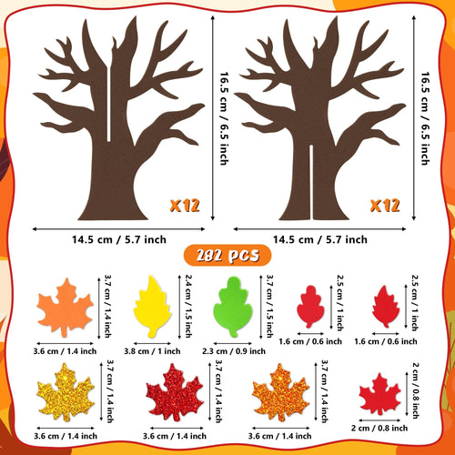 Fall foam tree craft kit with glitter maple leaf stickers, showing two tree bases and various leaf shapes with dimensions.