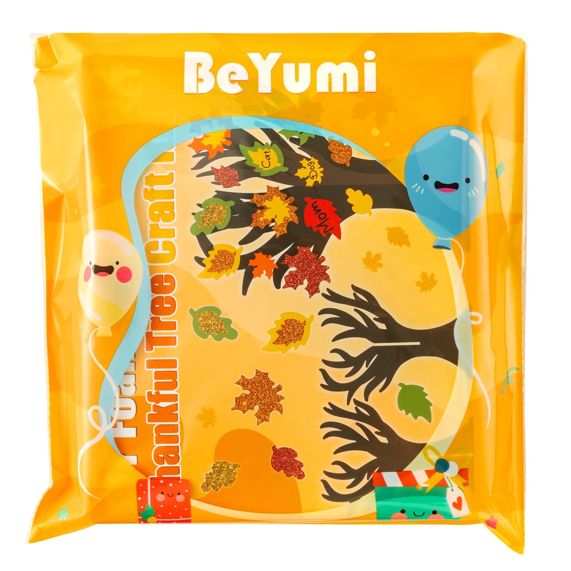 Fall foam thankful tree craft kit packaging with glitter maple leaf stickers and cartoon balloons