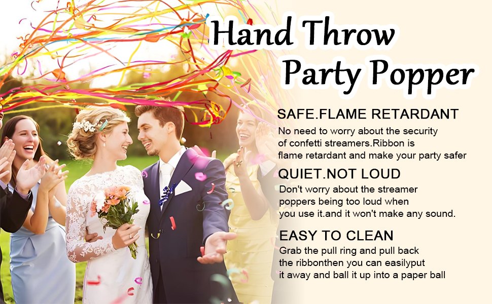 Wedding couple celebrating with colorful streamers from hand throw party poppers