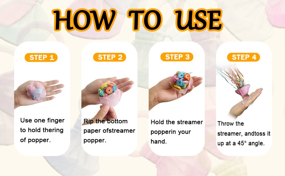 Step-by-step guide on how to use hand throw streamer poppers, showing four stages of operation.