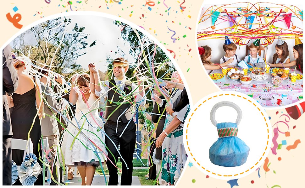 Wedding guests celebrating with hand throw streamer poppers, children at a party table, and a close-up of a streamer popper.