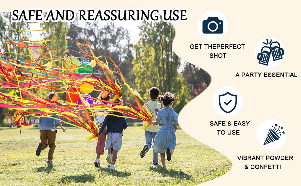 Children running in a park with colorful streamers and balloons flying, with overlay text about safe and easy use.