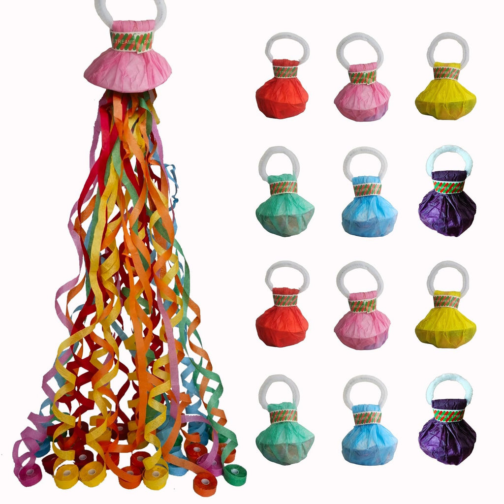 Hand throw streamer poppers with colorful ribbons cascading down, and a grid of 12 individual poppers in various colors.