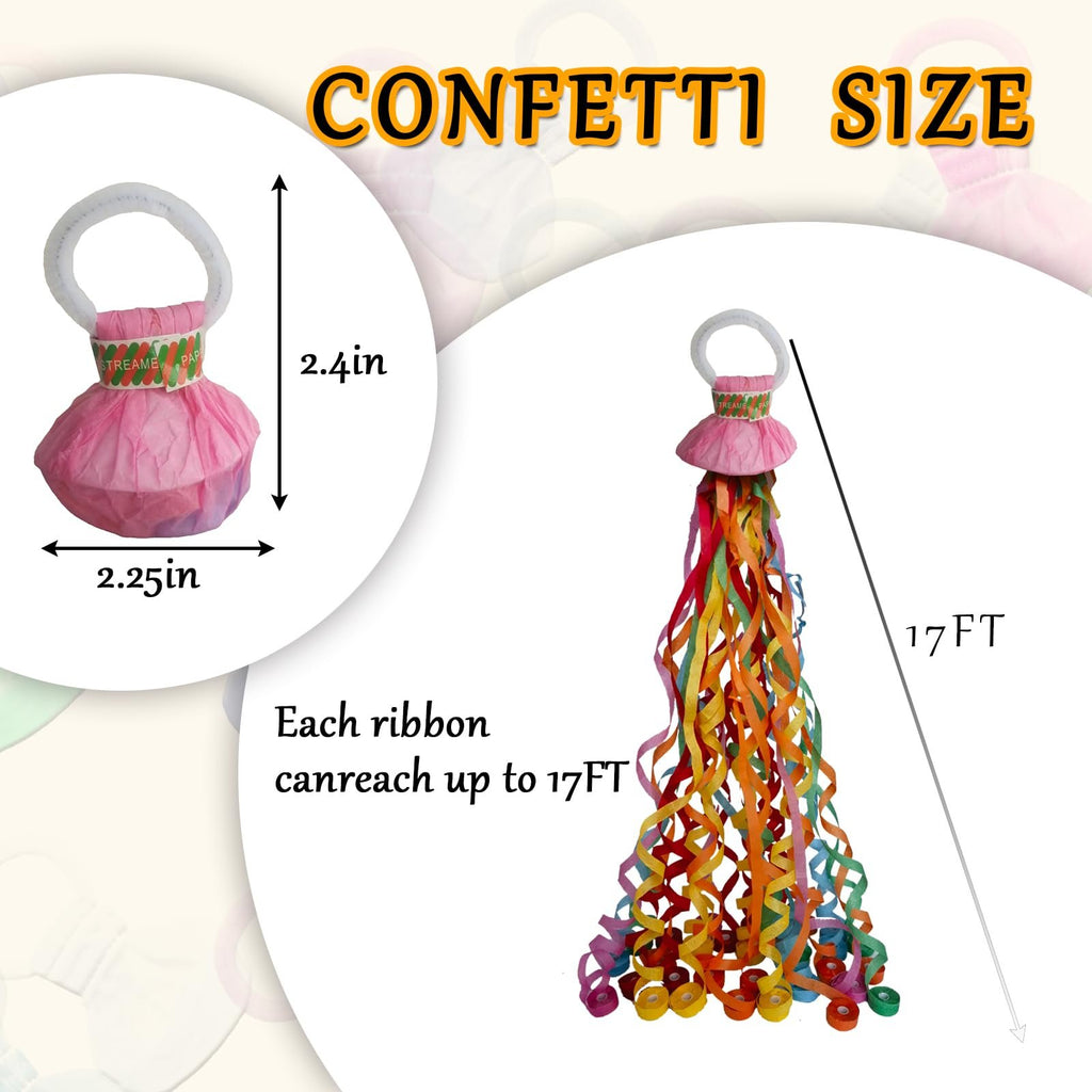 Hand throw streamer popper with colorful ribbons extended and unextended, showing dimensions.