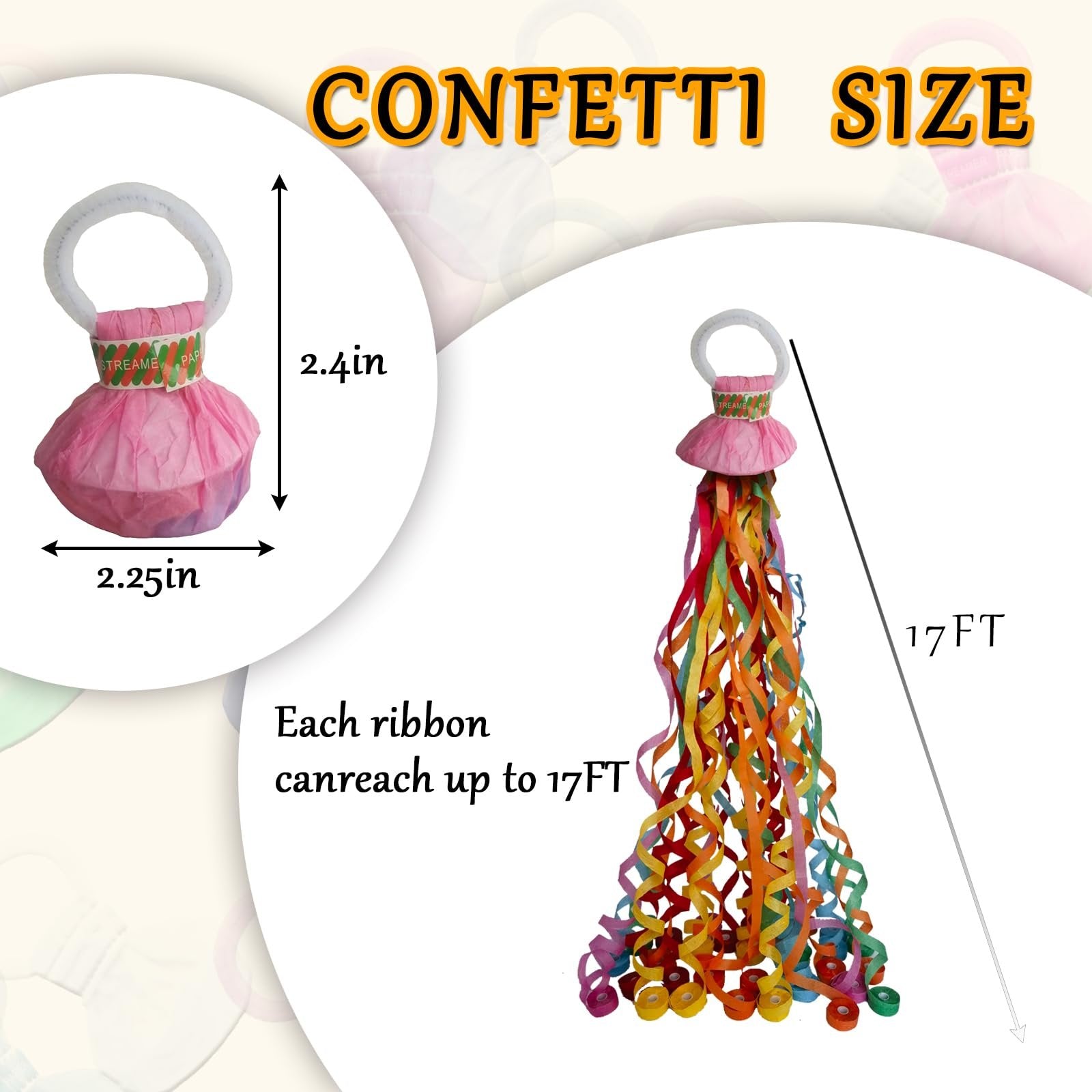 Hand throw streamer popper with colorful ribbons extended and unextended, showing dimensions.