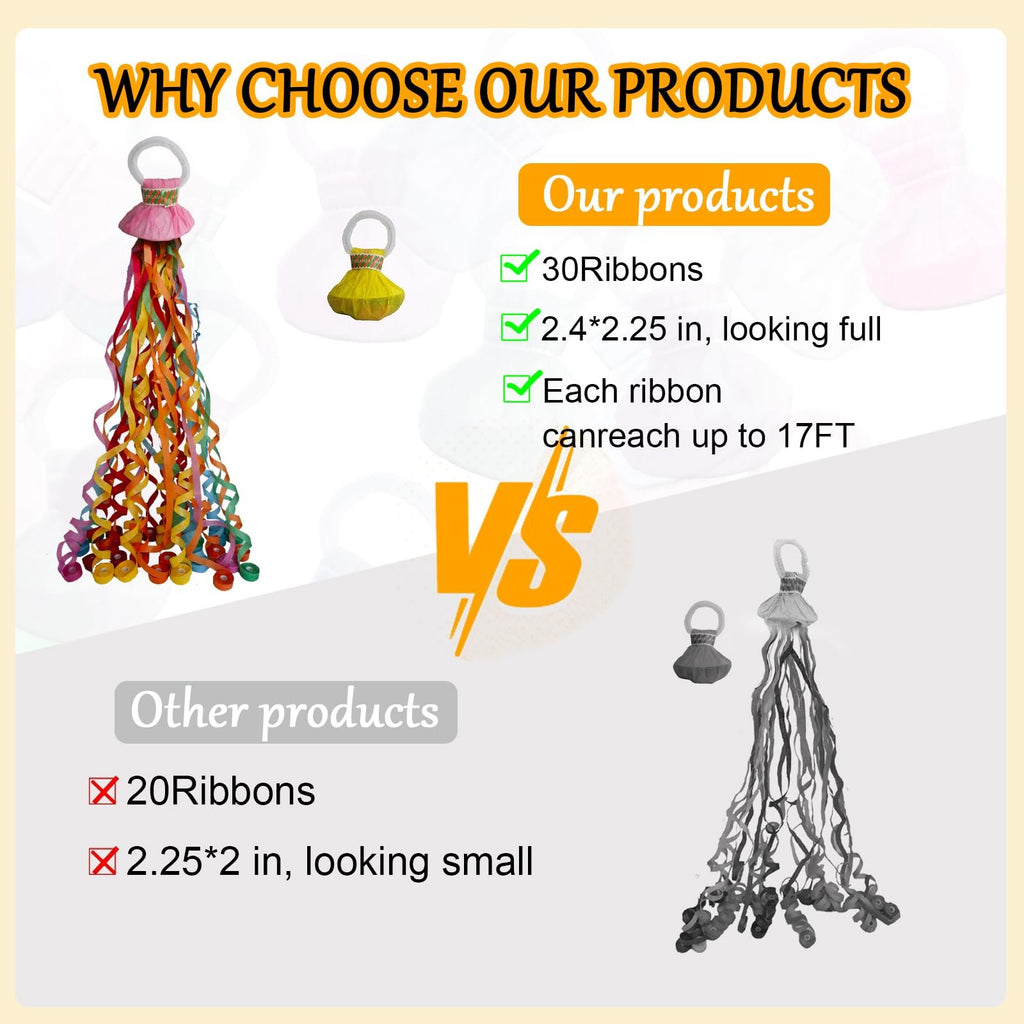 Comparison of hand throw streamer poppers, showing our product with colorful ribbons vs. competitor's gray streamers.