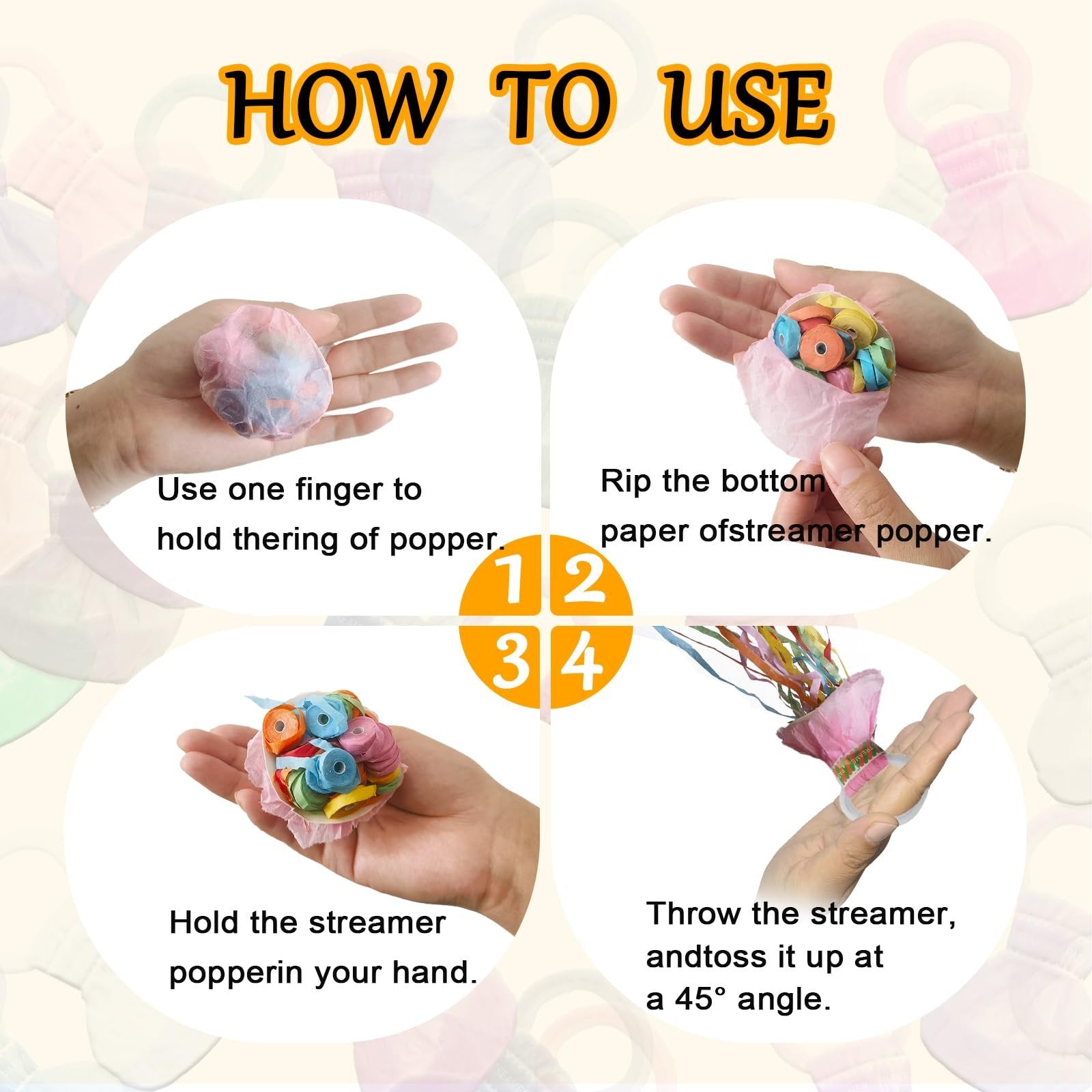 Four-step guide showing how to use hand throw streamer poppers, from holding to throwing.