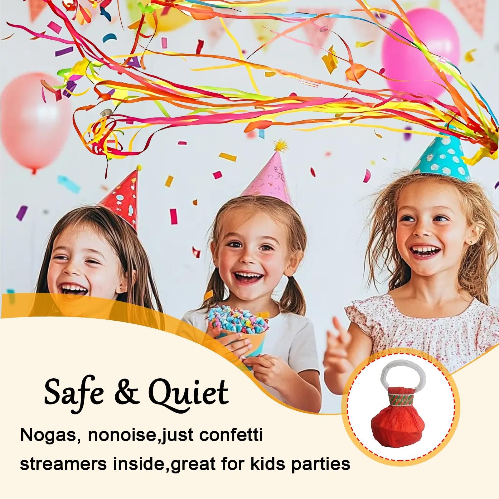 Three happy children wearing party hats, celebrating with colorful streamers and confetti flying, with a product inset showing a streamer popper.