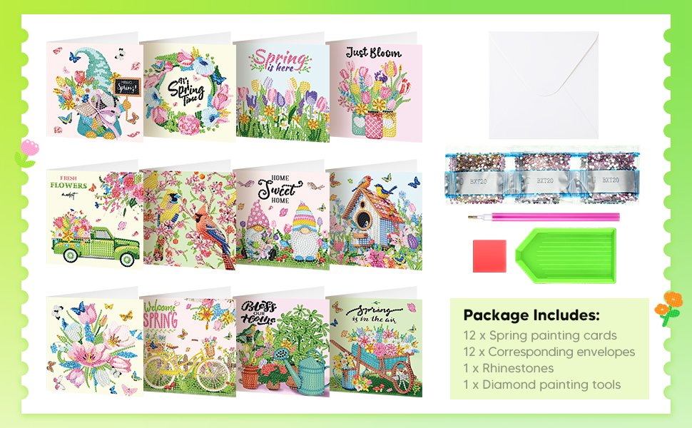 Diamond painting greeting card kits with envelopes and tools, featuring spring themes like gnomes, flowers, and birds.