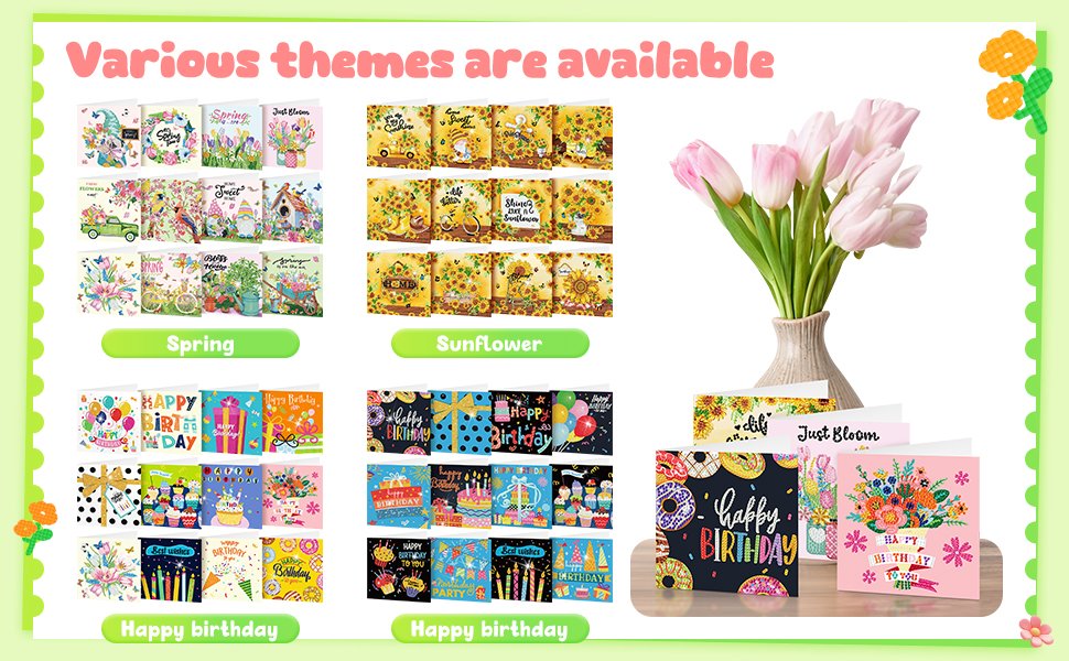 Collage of diamond painting greeting card kits showing various themes like Spring, Sunflower, and Happy Birthday designs.