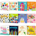 Collage of 12 diamond painting greeting card kits with envelopes, featuring birthday themes like balloons, cakes, and donuts.