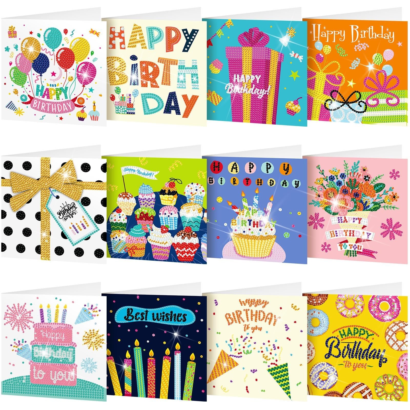 Collage of 12 diamond painting greeting card kits with envelopes, featuring birthday themes like balloons, cakes, and donuts.