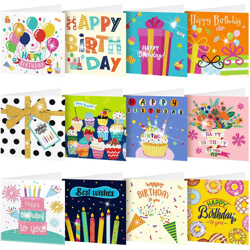 Collage of 12 diamond painting greeting card kits with envelopes, featuring birthday themes like balloons, cakes, and donuts.