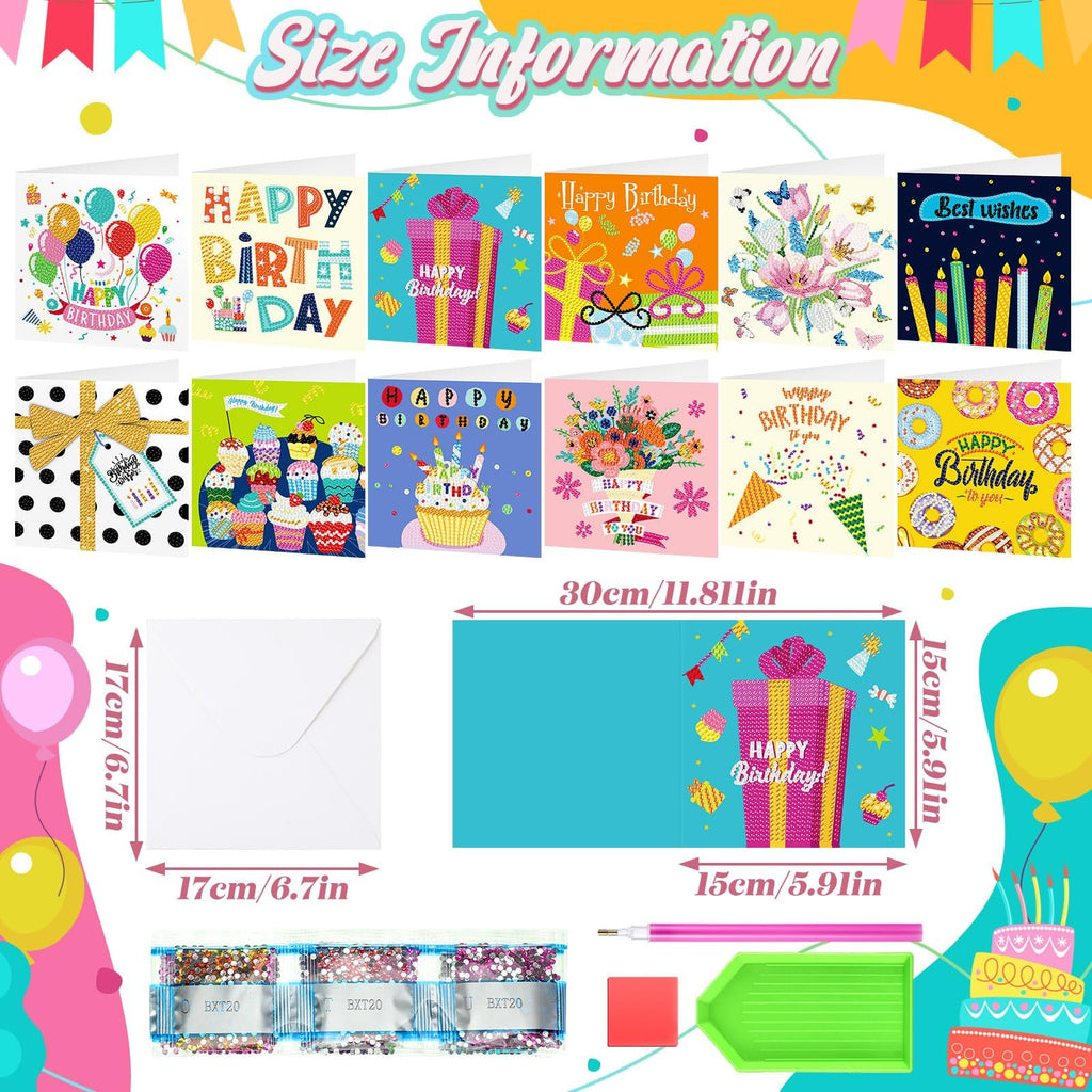 Diamond painting greeting card kits with envelopes, showing various card designs and kit components with size information.