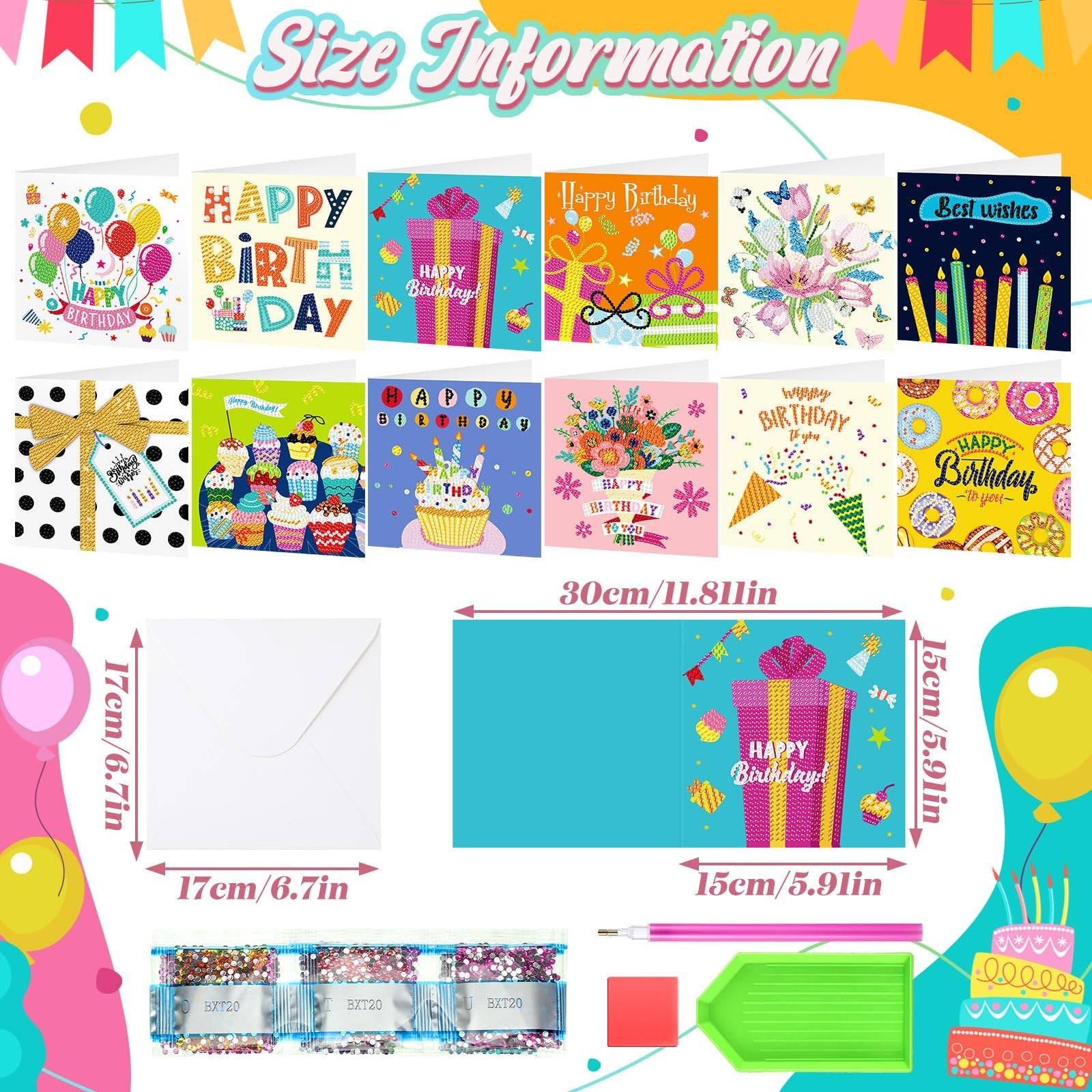 Diamond painting greeting card kits with envelopes, showing various card designs and kit components with size information.