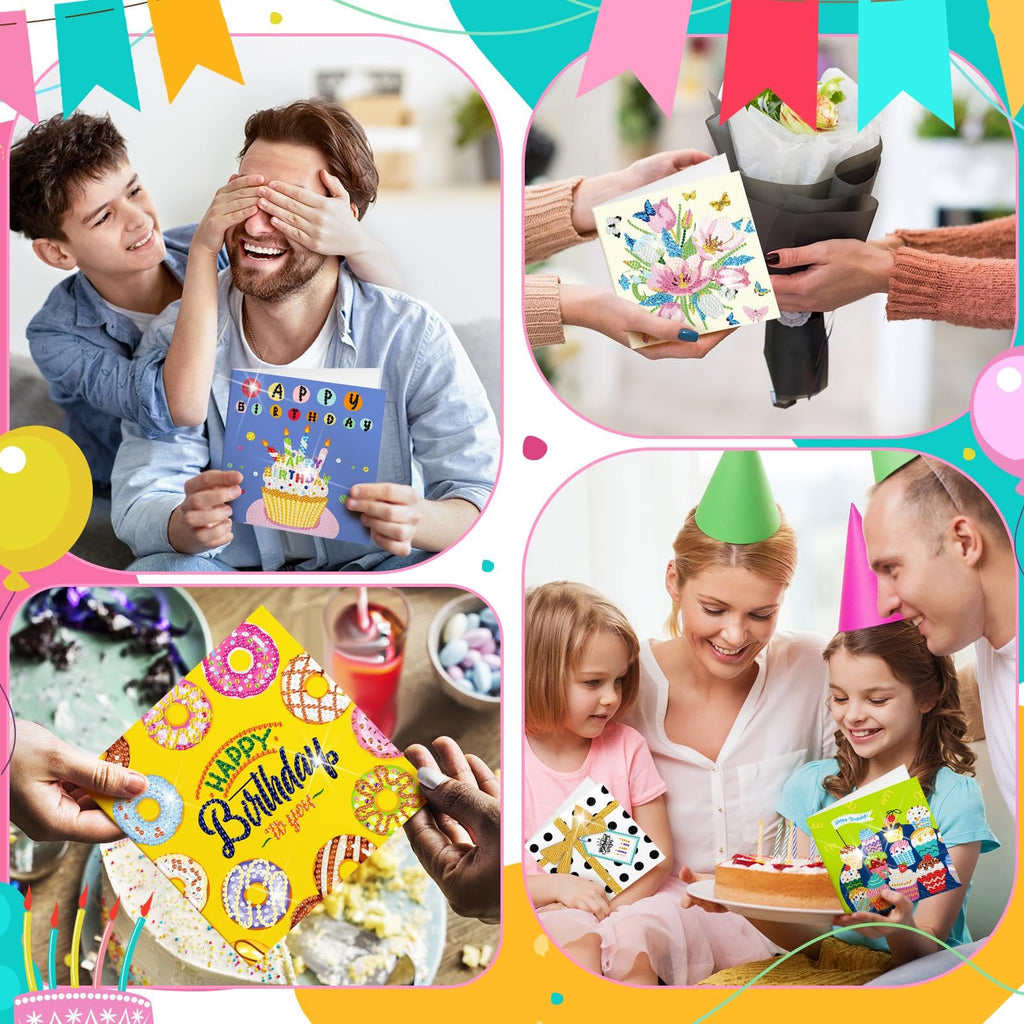 Collage of people celebrating birthdays with diamond painting cards and cake.