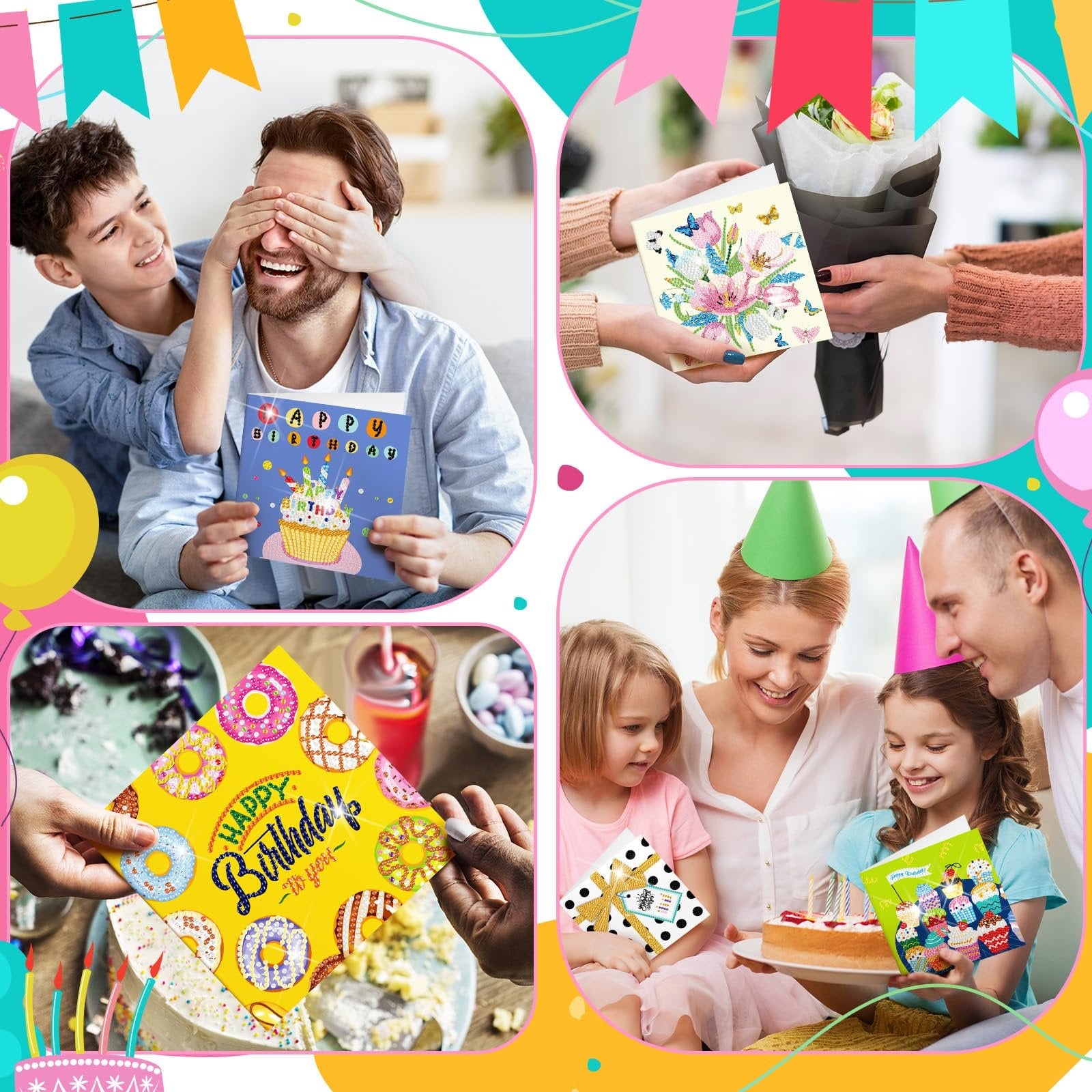 Collage of people celebrating birthdays with diamond painting cards and cake.