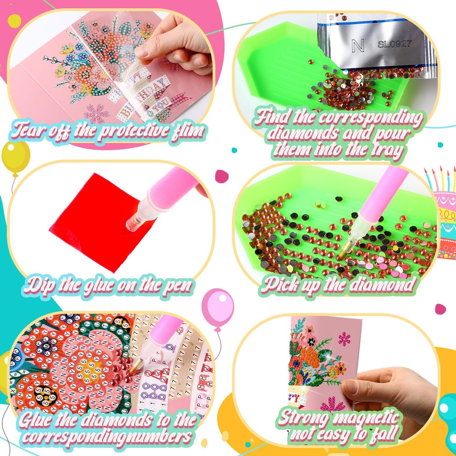 Collage showing steps for diamond painting greeting cards: peeling film, sorting diamonds, applying glue, picking diamonds, and adhering them. One card is held up, showing a floral design.