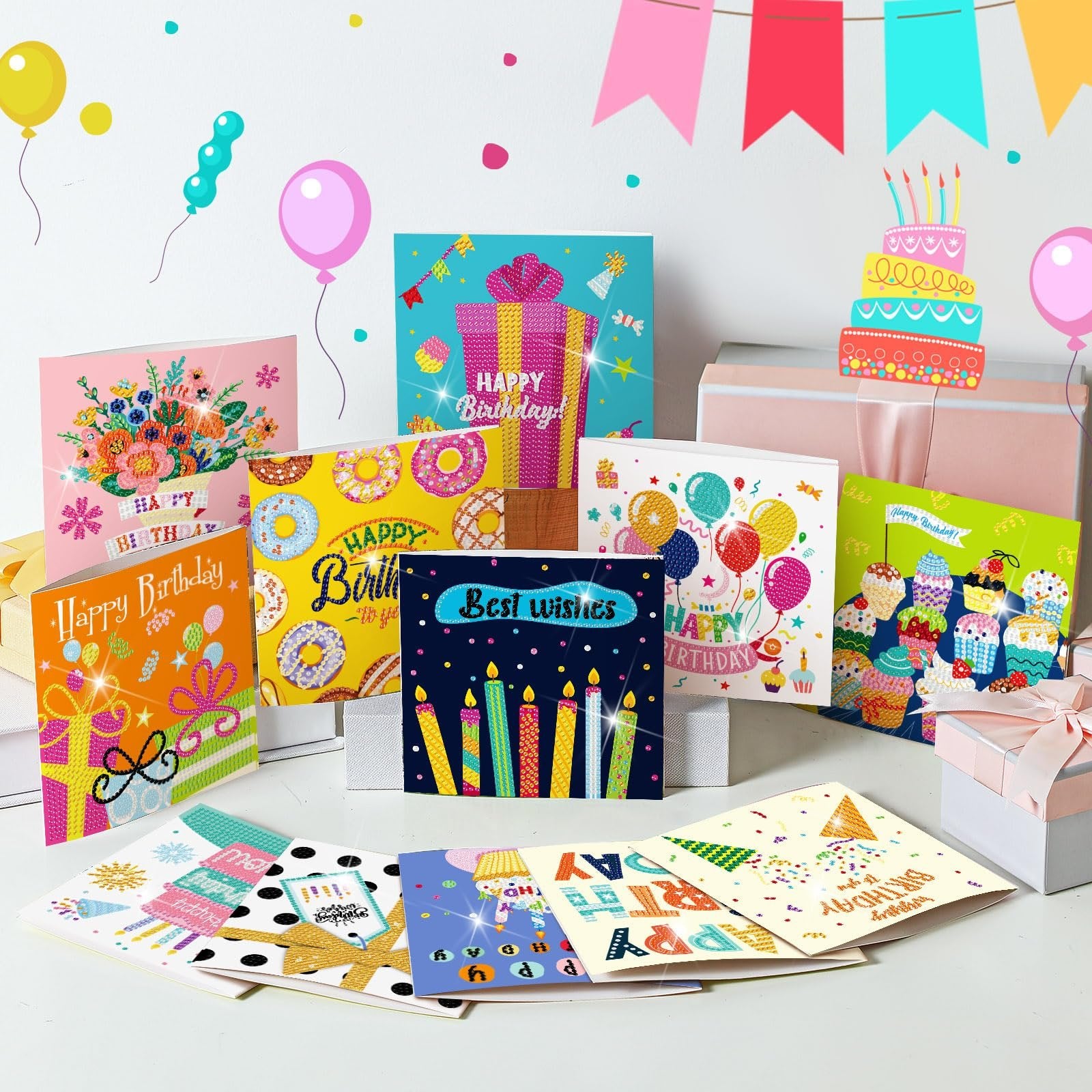 Collection of diamond painting birthday cards with envelopes and gift boxes, featuring colorful designs like cakes, balloons, and flowers.