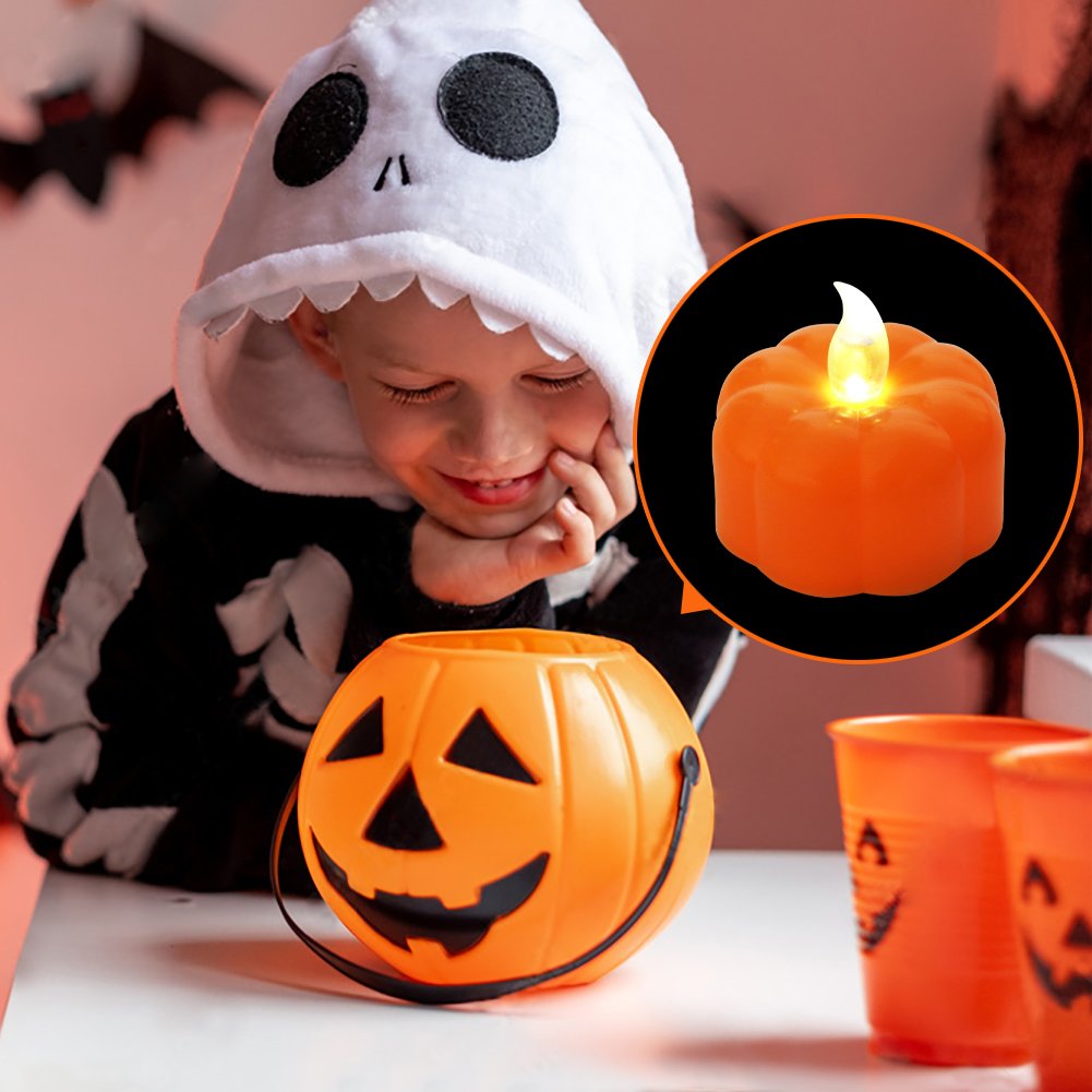 Child in a skeleton costume looking at a pumpkin candy bucket with a close-up inset of an orange LED pumpkin tea light