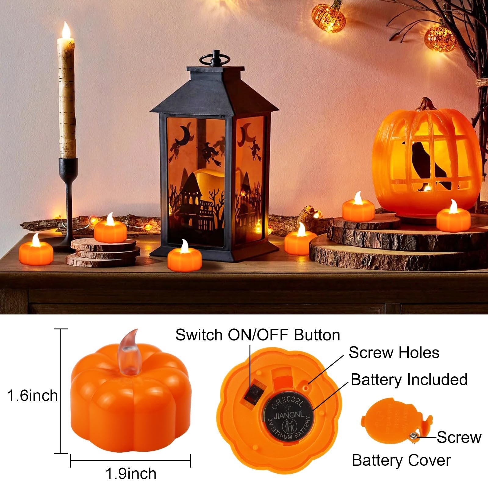 Halloween pumpkin LED tea lights with dimensions and battery details shown.
