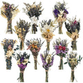 Collage of 12 mini boho dried flower bouquets tied with twine on a white background.