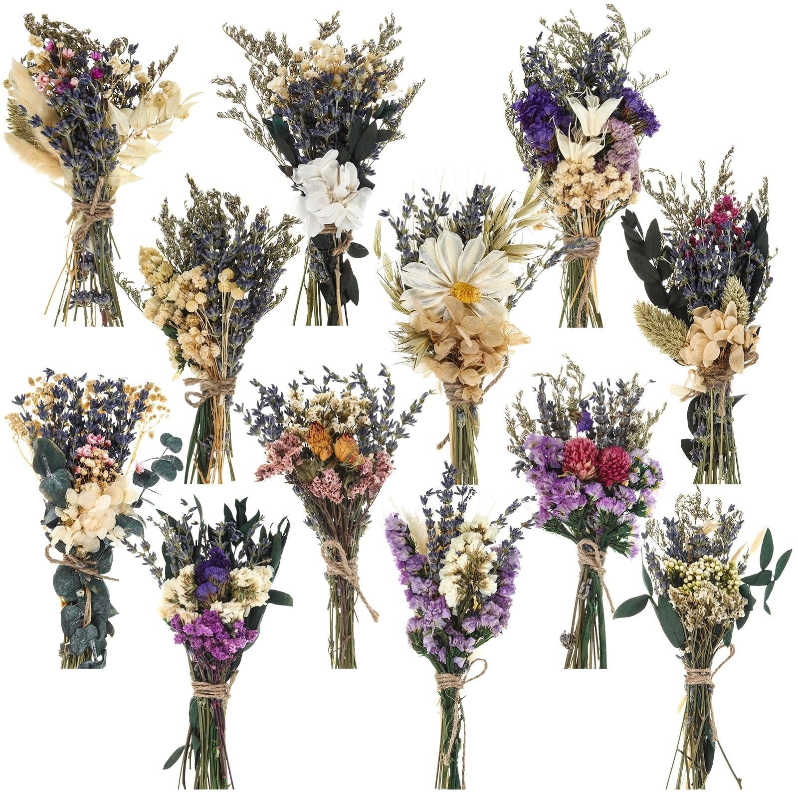 Collage of 12 mini boho dried flower bouquets tied with twine on a white background.