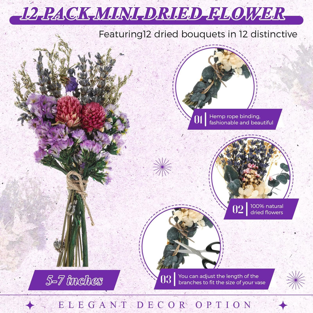 Close-up of a mini dried flower bouquet with lavender, statice, and clover, showing details of hemp rope binding and size.