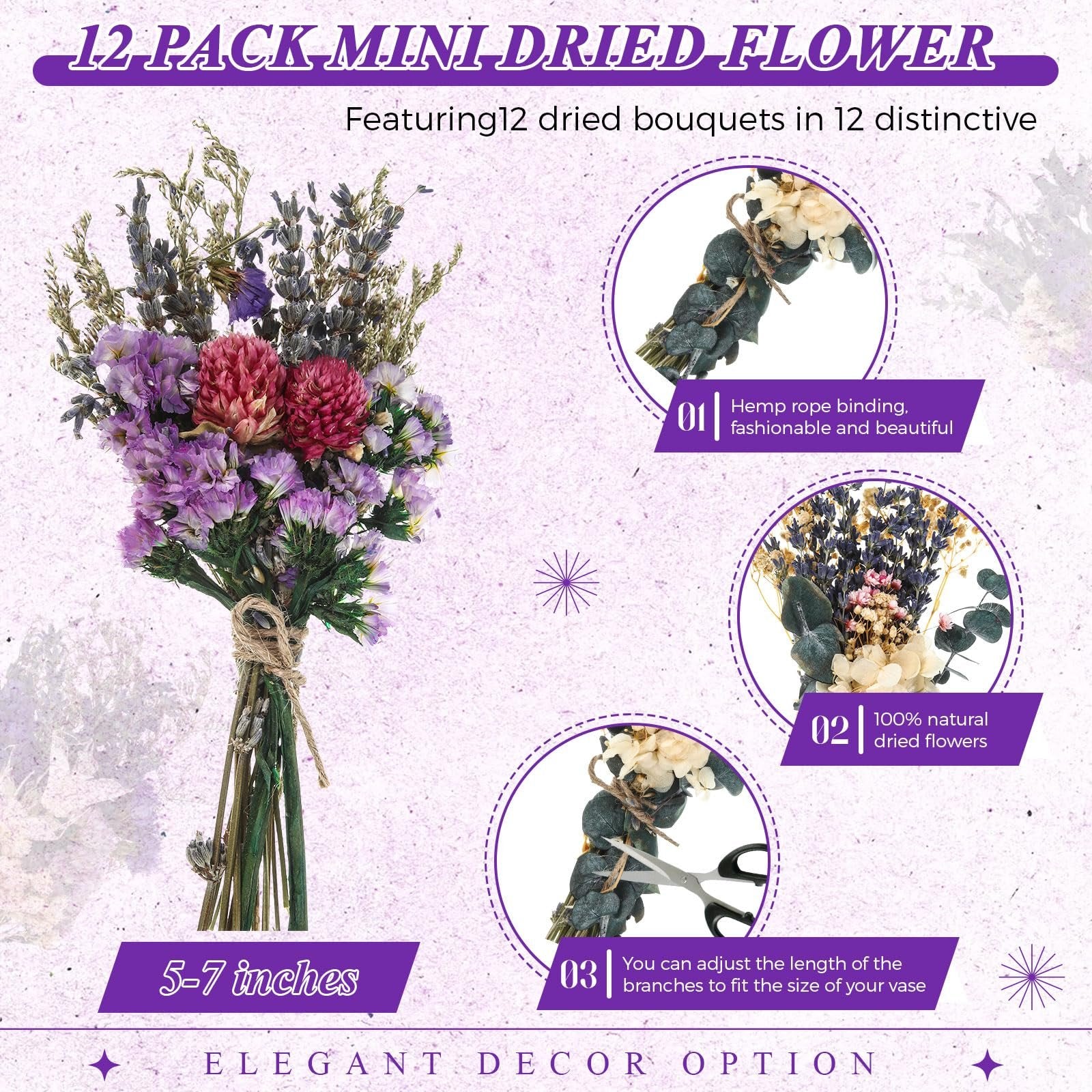 Close-up of a mini dried flower bouquet with lavender, statice, and clover, showing details of hemp rope binding and size.